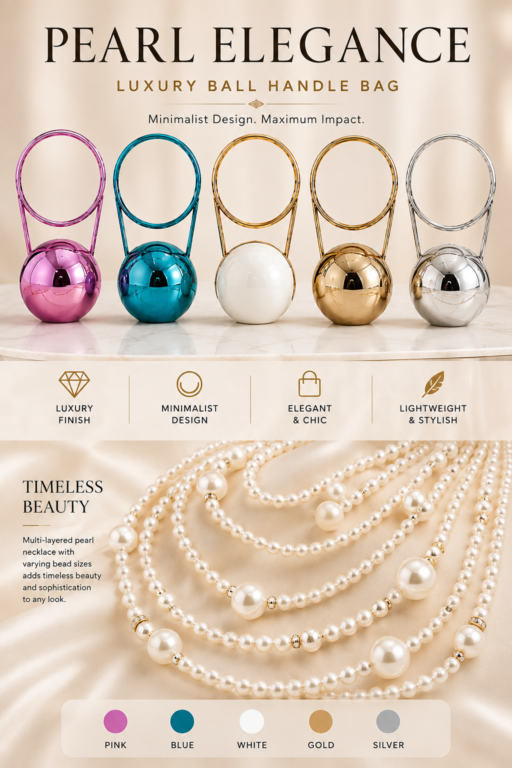 Luxury Pearl Ball Handle Bag with Exaggerated Multi-layer Imitation Pearl Choker Necklace