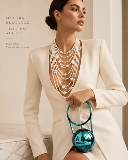 Luxury Pearl Ball Handle Bag with Exaggerated Multi-layer Imitation Pearl Choker Necklace